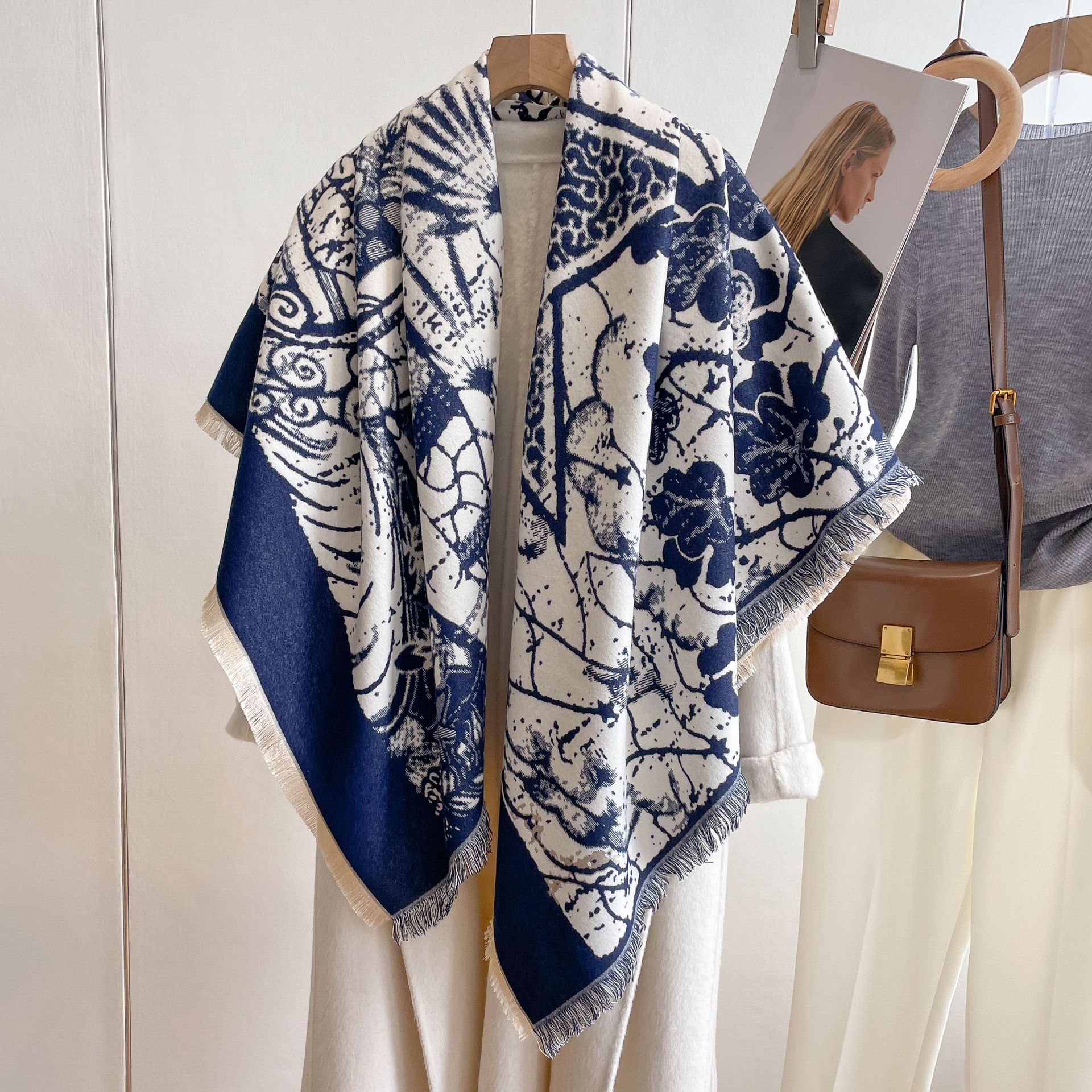 Cashmere-like moda todo-fósforo bufanda planta flor impresión barba corta borla chal Otoño e Invierno engrosada bufanda caliente para las mujeres