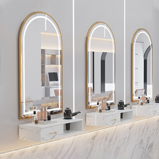 # Barber Shop Mirror Table Round Mirror Simple Makeup Hair Cutting Single-Sided Wall Mirror Hair Salon Wall-Mounted Perm and Dyeing Mirror with Light