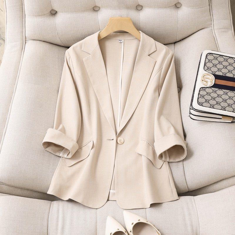 Spring and Summer New Korean Style Tencel Linen Small Blazer Jacket for Women, Thin Apricot Color, Three-Quarter Sleeves, Slim Fit Suit Top for Women