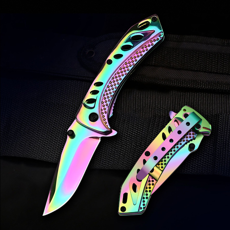 跨境批发钢柄镀钛折刀轴承快开折叠刀微技术户外刀具快速迷你小刀