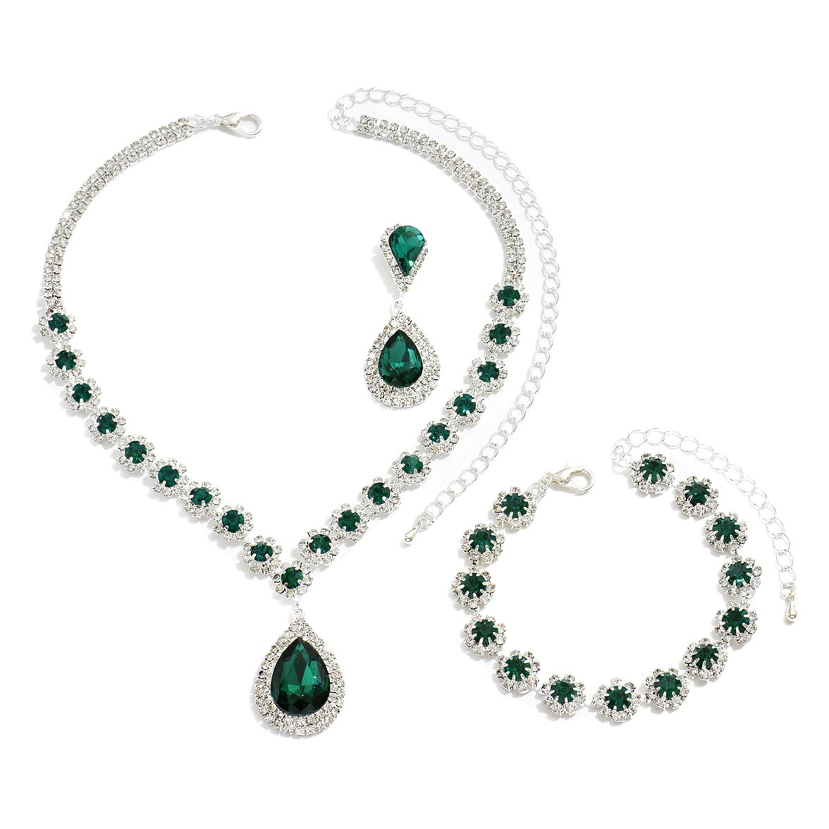 Fábrica al por mayor boda joyería nupcial traje collar pendientes pulsera de tres piezas conjunto completo diamante flor traje multicolor