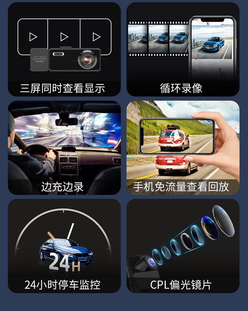 Three-channel dashcam with WiFi, high-definition 1080P night vision, car-mounted, connected to mobile phone, parking monitoring video recorder