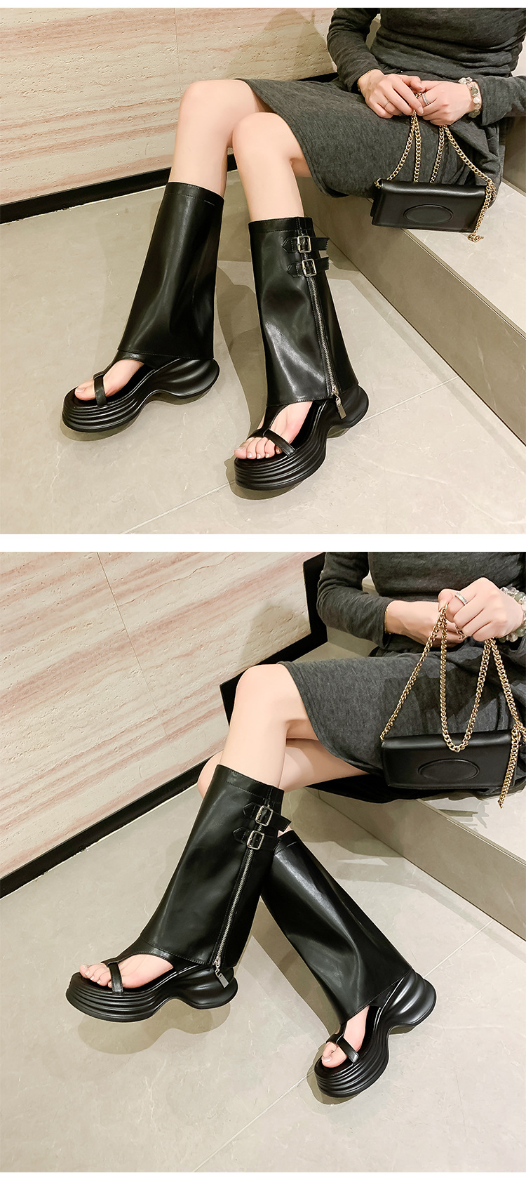 Sandal cao gót nữ hở mũi phong cách biker, đế dày 8cm, kiểu ống bọc La Mã — đen, Màu trắng nhạt chi tiết 20