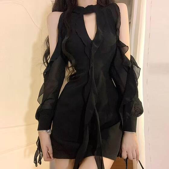 Black Shoulder Neck dress Women's Summer Slim-fit Slimming Spice Girl Pure Desire Style Chiffon Stitching Skirt
