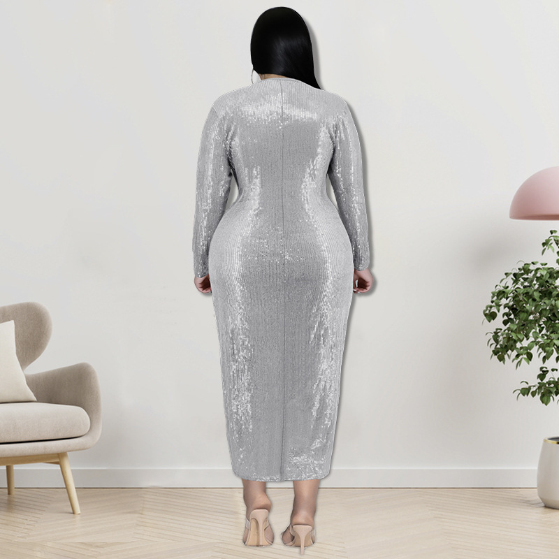 Plus size fluweel bodycon midi jurk met pailletten en v-hals voor dames_voghion.com