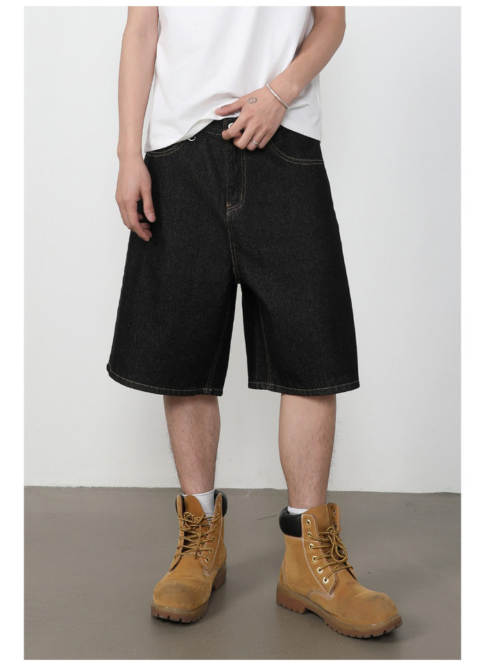 Quần short jean nam lửng ống rộng dáng suông phong cách retro, chất liệu denim thô — Denim đen, Xanh denim chi tiết 7