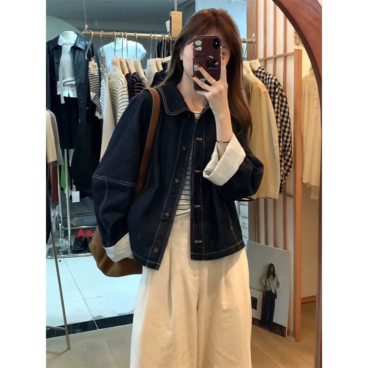 复古深蓝色牛仔外套女2025春秋设计感宽松条纹拼接长袖夹克开衫潮