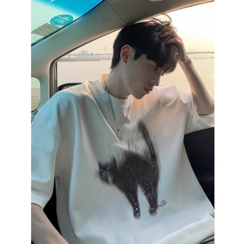 Chic American Cat Print Short Sleeve T-Shirt for Men and Women, Summer Loose Trendy Couple Matchy-Pair Half Sleeve T-Shirt Top