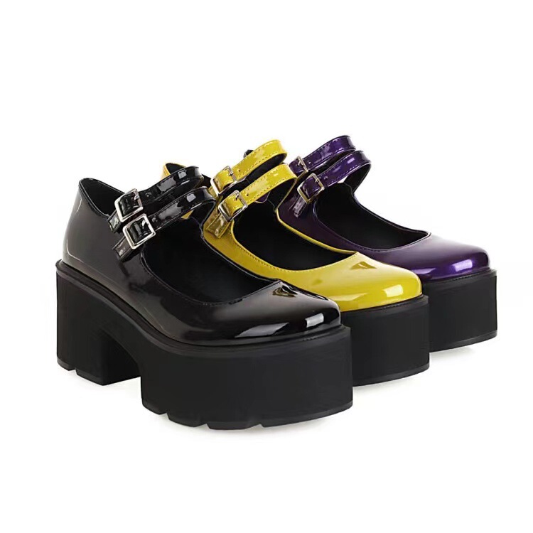2022 Net red style platform platform double row buckle Mary Jane Black women's leather shoes source manufacturer