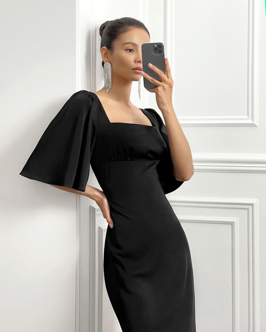 solid color waist slim mid-length satin ice silk dress NSSQS124527