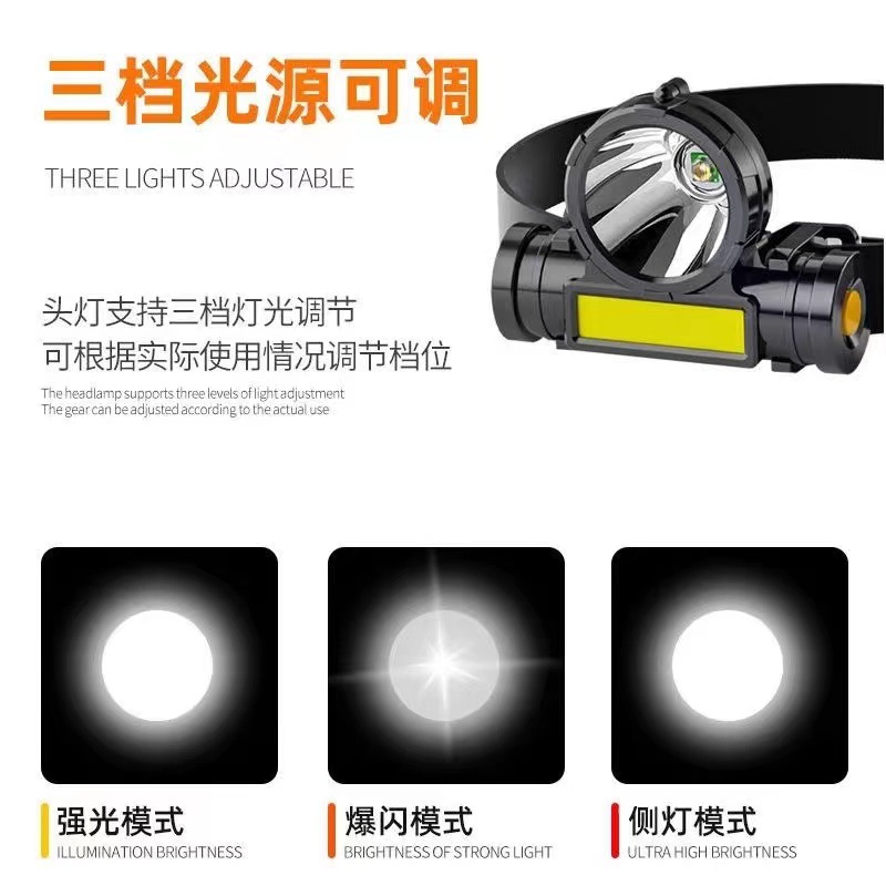 Linterna transfronteriza al aire libre COB recargable linterna montada en la cabeza LED de pesca impermeable recargable linterna de luz fuerte al por mayor