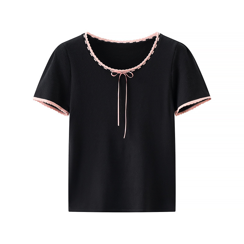 00Hm-2809 Black Lace Knitted Short-Sleeved 2025 Summer New Fashion Round Neck Slimming Look Bow-Decorated T-Shirt
