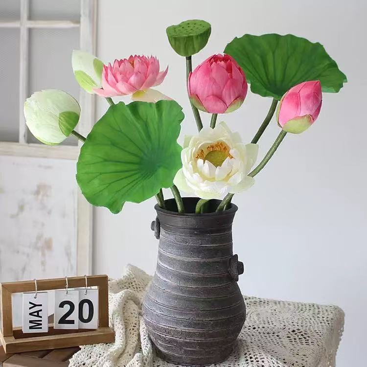 仿真花荷花荷叶带杆莲蓬插花客厅摆设拍摄道具假花庭院装饰|undefined