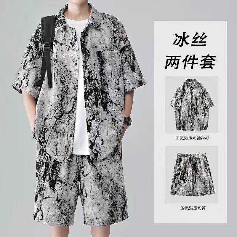 Foreign Trade Men's Shirt suit Draped plus size Sliding Cool Ice Silk Short-sleeved Shirt Shorts Beach Style Two-piece Set Foreign Trade Men's Shirt suit Draped plus size Sliding Cool Ice Silk Short-sleeved Shirt Shorts Beach Style Two-piece Set