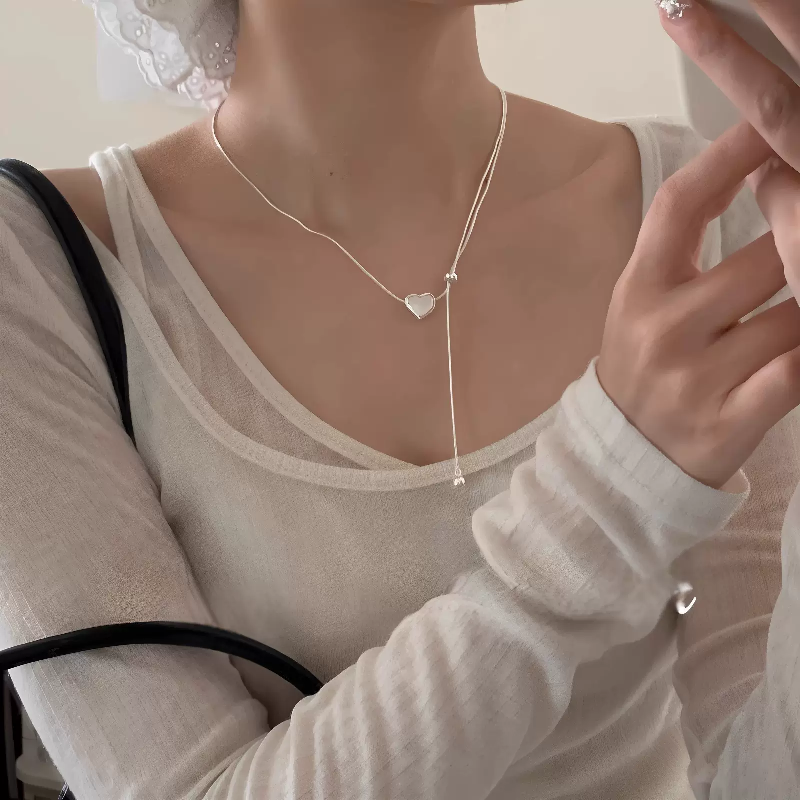 韩国小众设计S925纯银同款贝母爱心抽拉项链女高级感叠戴ins风