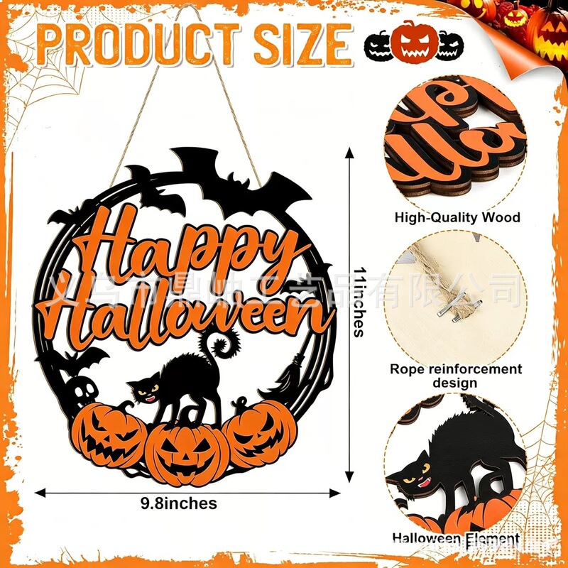 Cross-border Halloween wooden wreath decoration, 3D black cat, pumpkin, bat, round wooden sign, party front door decoration Cross-border Halloween wooden wreath decoration, 3D black cat, pumpkin, bat, round wooden sign, party front door decoration