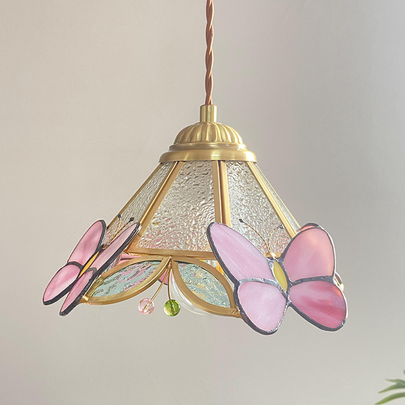 Retro latón hecho a mano vidrieras pequeña araña restaurante japonés caliente noche lámpara francesa Rosa lámpara de mariposa