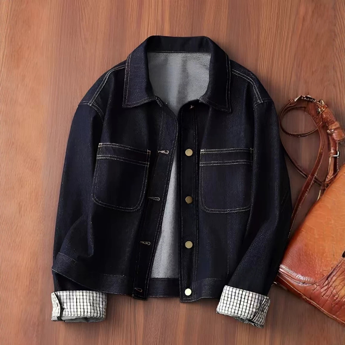 Autumn Retro Washed Blue Plaid Sleeve Denim Jacket for Women, Loose Fit, Elegant Korean Style, Petite Size, Short Collar Top