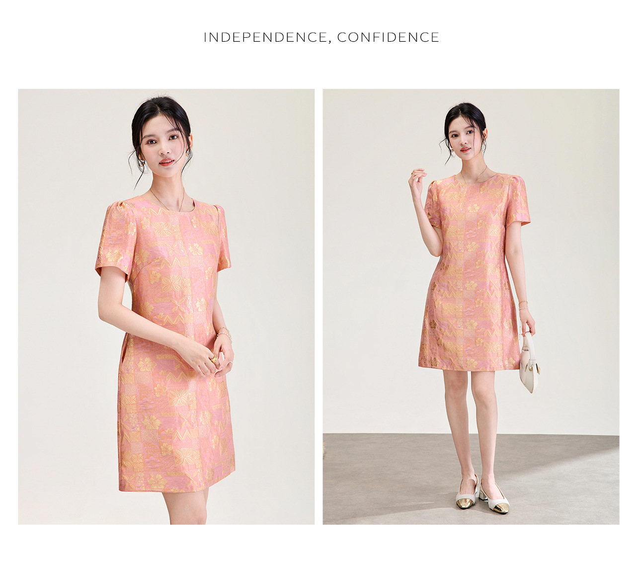 Đầm chữ A nữ jacquard họa tiết hoa nhí phong cách tiểu thư — màu hồng chi tiết 13