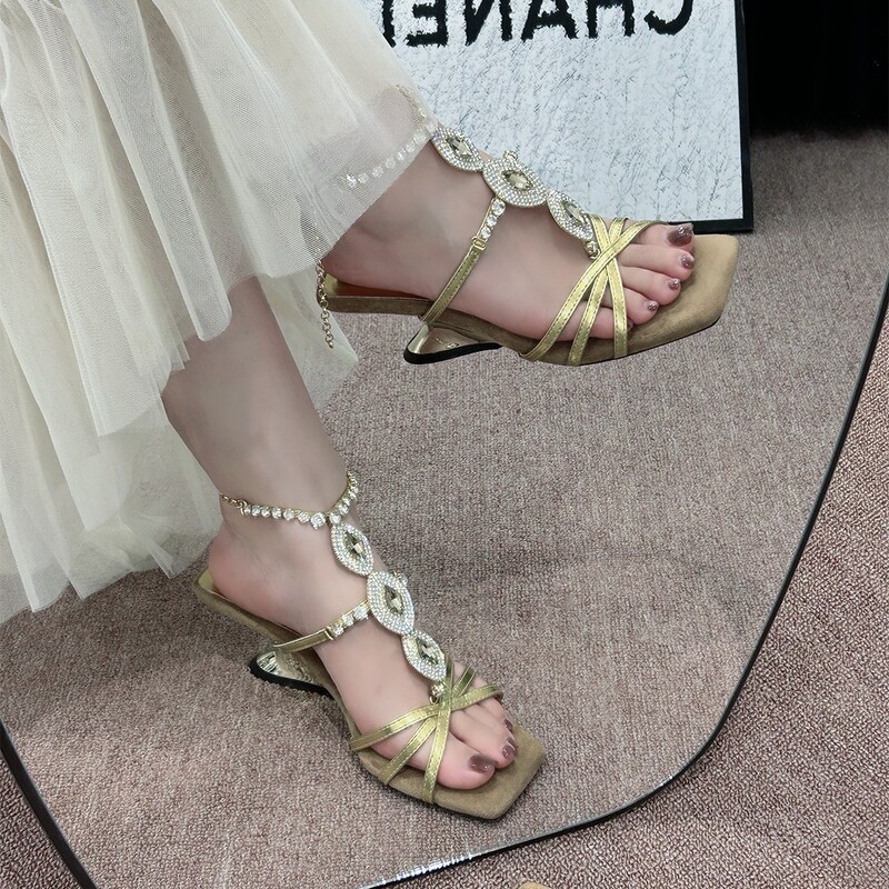2025 Summer High-Heeled Shoes for Women, Gold Wedge Heel, Suede Open-Toe, Elegant Square Toe, Rhinestone Roman Sandals, Chunky Heel