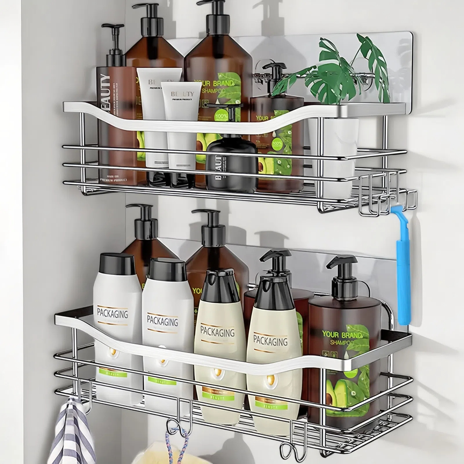 Factory Direct Sale No-Drill Stainless Steel Bathroom Storage Wall-Mounted Shelf
