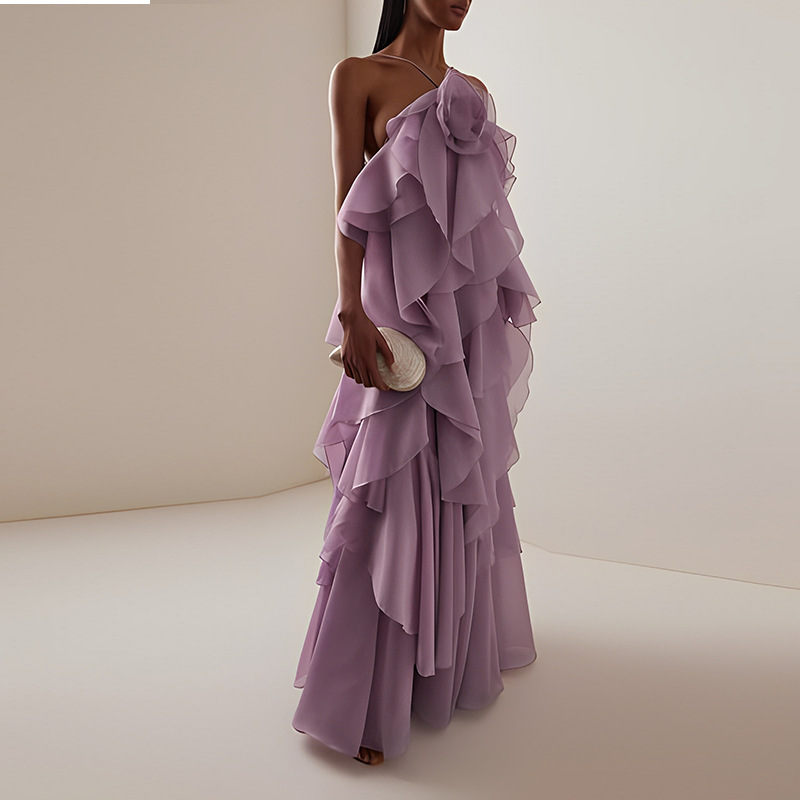 European and American Style Dress for Women 2026 Summer New Fashion Halter Neck Sleeveless Design Multi-Layered Ruffle Strap Long Dress