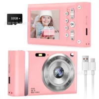 Compact retro digital camera, CCD sensor, 1080p mobile transfer, portable, fuchsia or blue