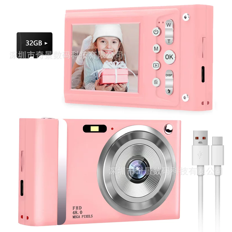 Compact retro digital camera, CCD sensor, 1080p mobile transfer, portable, fuchsia or blue