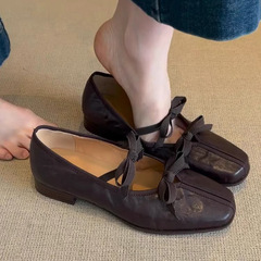 羊の皮 ~ 本革のフランス風のバレエ靴の女性の柔らかい底にスカートの復古のメアリー珍の靴の蝶結びの平底の靴を配合します。