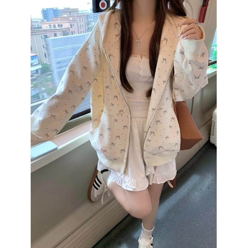 学院风蝴蝶结卫衣外套女秋冬款韩版拉链连帽宽松休闲百搭开衫上衣|undefined