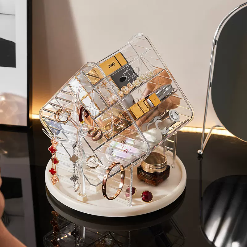 【严选】化妆品收纳盒桌面旋转收纳筒家用梳妆台分格多功能储物盒