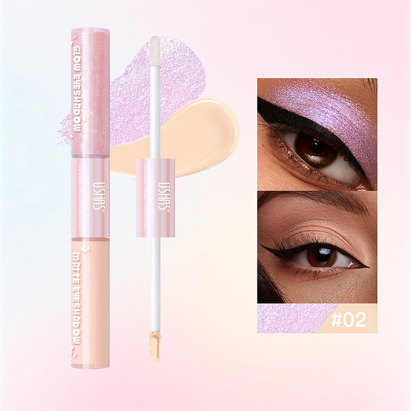 USHAS Sombra de ojos de doble cabeza de punto transfronterizo europeo y americano, brillo fino, sombra de ojos líquida impermeable de gusano de seda de alto brillo LG2591