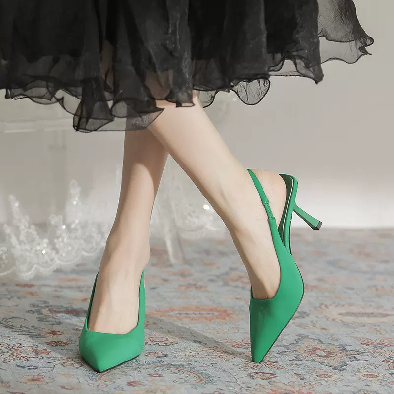 高跟鞋女细跟尖头2025年早春新款ZA同款沙丁料包头后空凉鞋御姐风