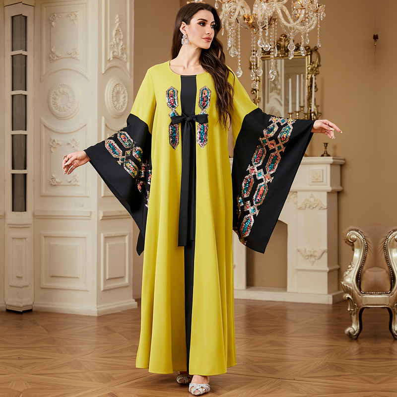 4366 Middle East Cross-Border Kaftan Dress Sequin Embroider Decorative Sleeves Ladies Dignified Long Jalabiya
