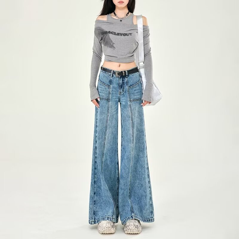Cross-Border Trade American Retro Mid-Low Waist Split Line Design Loose Wide-Leg Flared Jeans