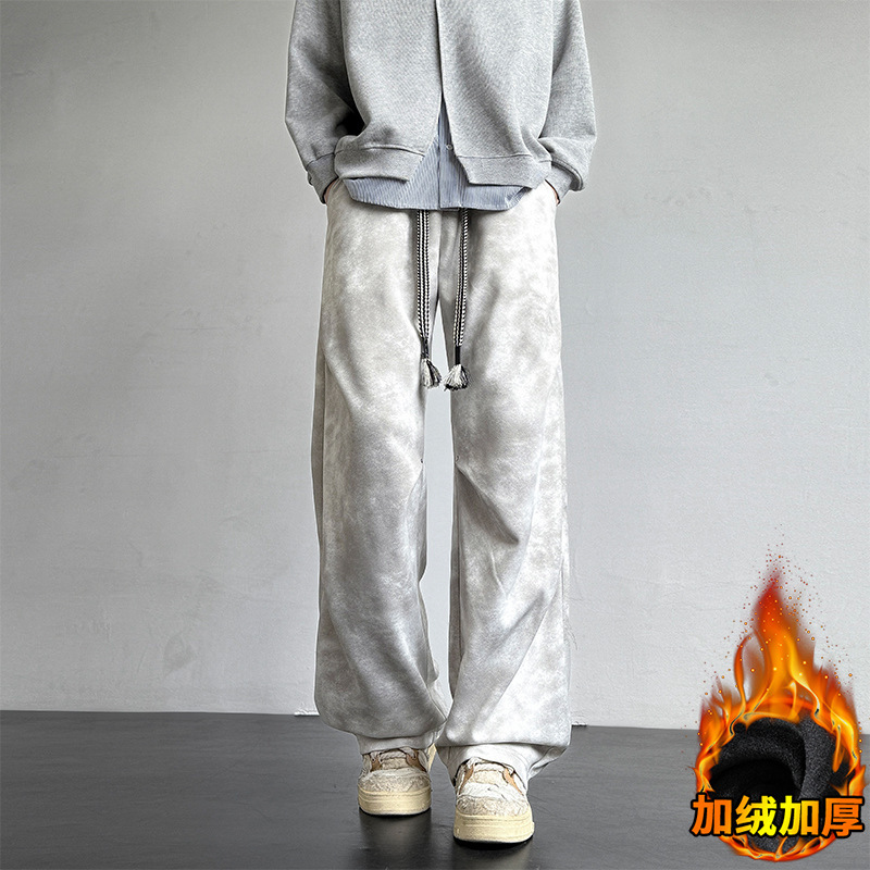 American High Street Velvet Tie-Dye Dirty Pants for Men in Winter New Loose Straight Large Size Wide Leg Pants for Boys Casual Pants