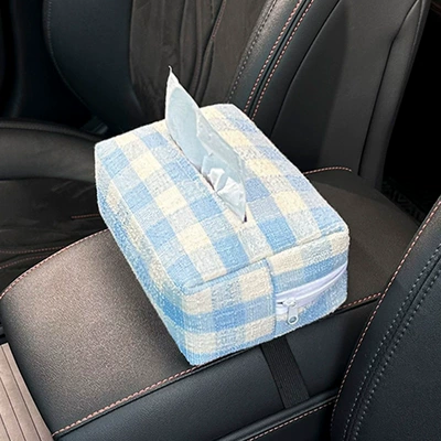 Car tissue box/set High-End Fabric Car Armrest - wool-plaid-tissue-box-blue