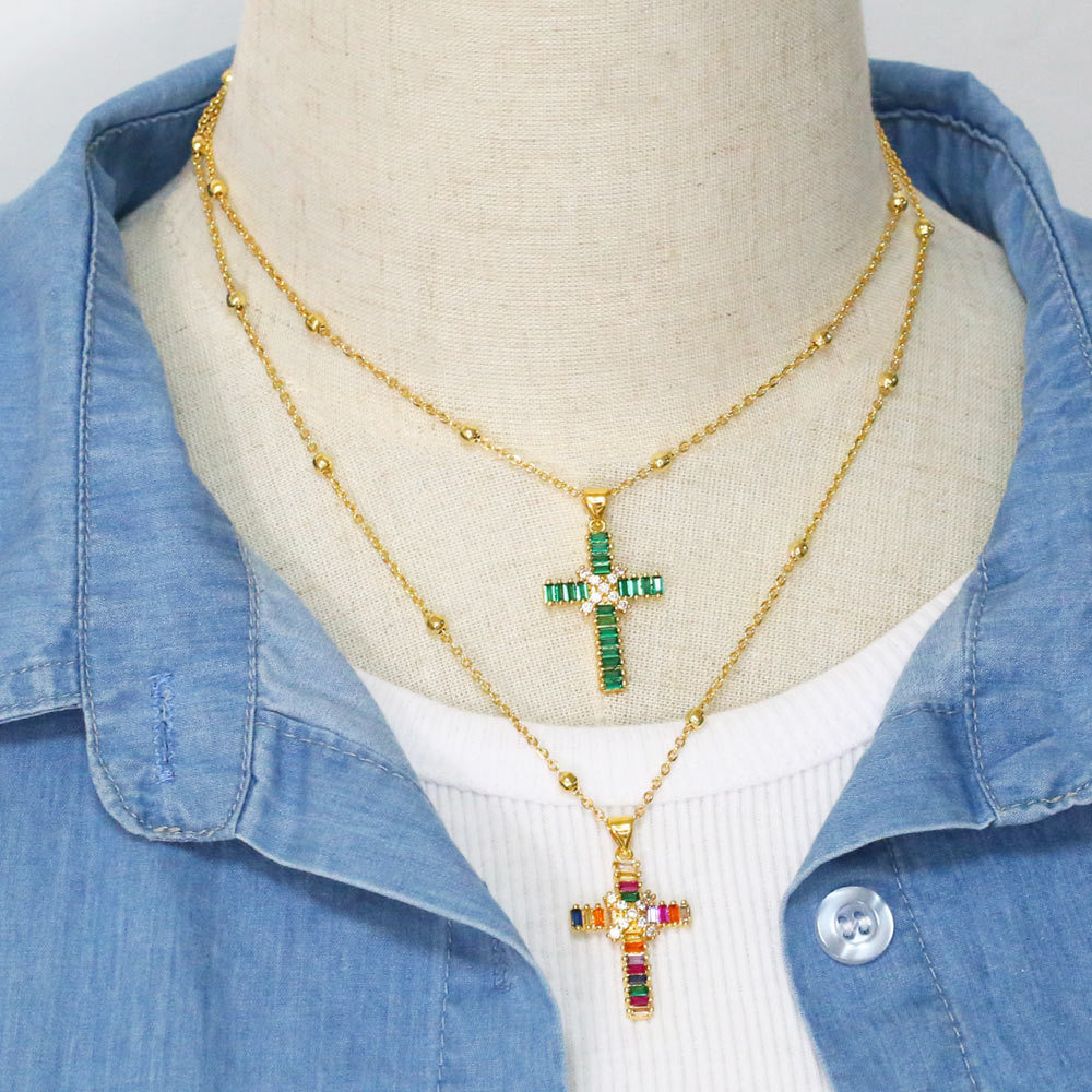 Fashion Cross Copper Pendant Necklace Inlay Zircon Copper Necklaces