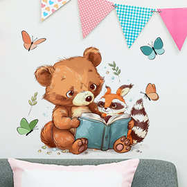 MS4429新款卡通小熊松鼠看书蝴蝶墙贴儿童房卧室客厅背景自粘墙贴