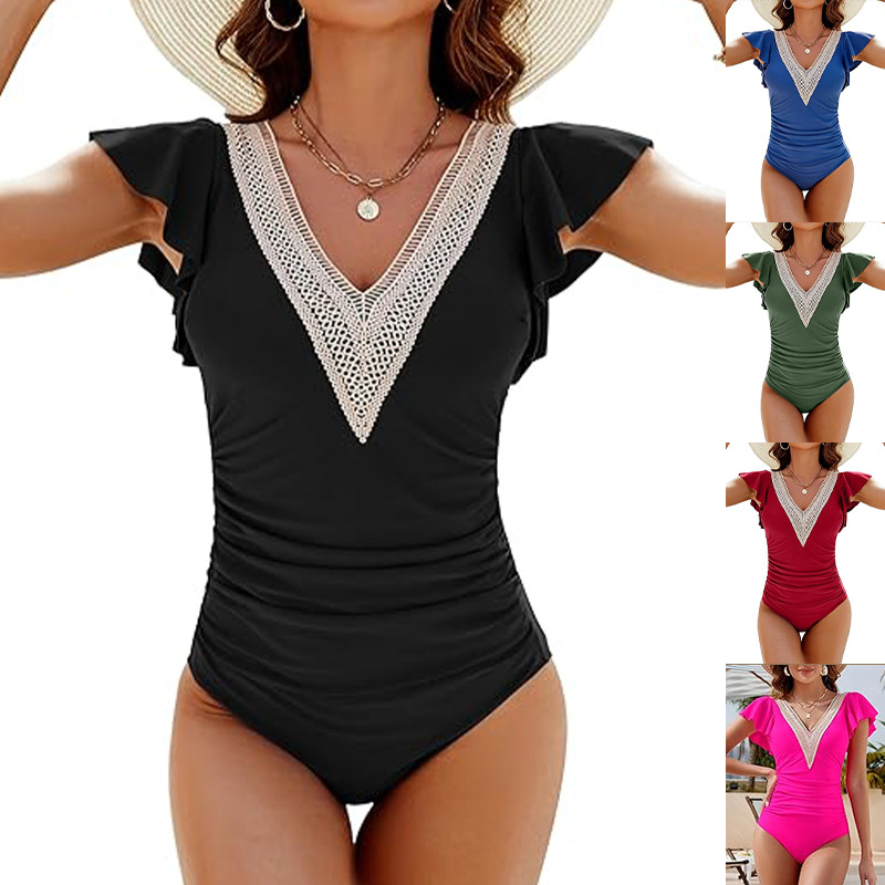 2024 New European And American Women's Multi-color Lace V-neck Ruffled One-piece Swimsuit Cross-border Direct_voghion.com