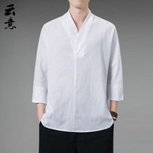夏季中国风亚麻汉服男领复古风七分袖恤居士服中式棉麻禅意茶服