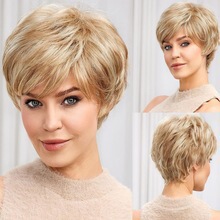 European and American Cross-Border Short Hair Wigs for Women, Pixie Layered Short Fluffy Curly Hair, Light Golden Synthetic Fiber Wig
