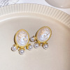 Silver needle, retro fashionable earrings from pearl, french style, wholesale