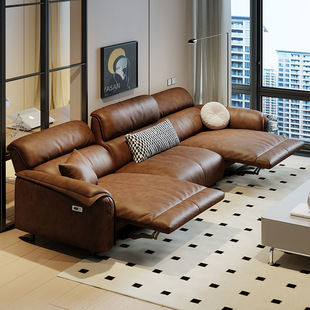 Foshan Italian Simple Leather Electric Sofa Modern First Layer Cowhide First Class Retro Brown Functional Sofa Wooden