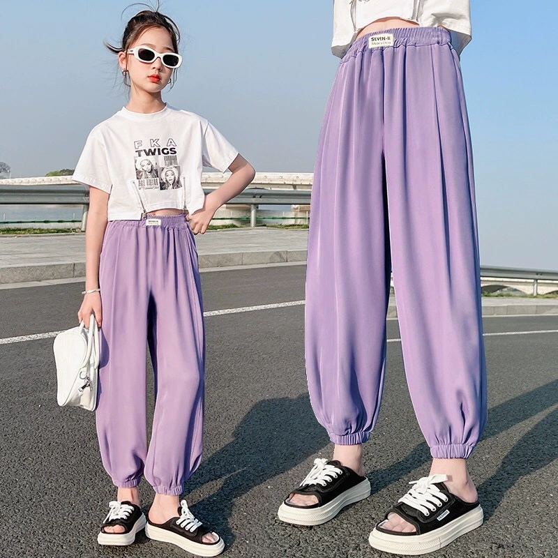 Брюки с защитой от комаров для девочек, детские летние тонкие широкие брюки из ледяного шелка, летние повседневные прямые брюки для детей старшего возраста