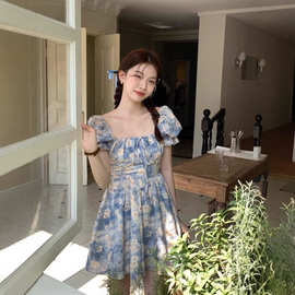 大码法式茶歇碎花连衣裙女2025新款夏季裙子胖mm遮肚显瘦A字短裙