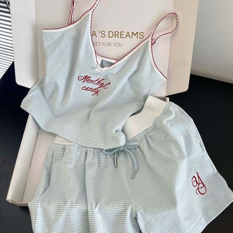 Korean-style sexy striped patchwork bowknot camisole pajamas for women, summer thin tank top and shorts home wear set Korean-style sexy striped patchwork bowknot camisole pajamas for women, summer thin tank top and shorts home wear set