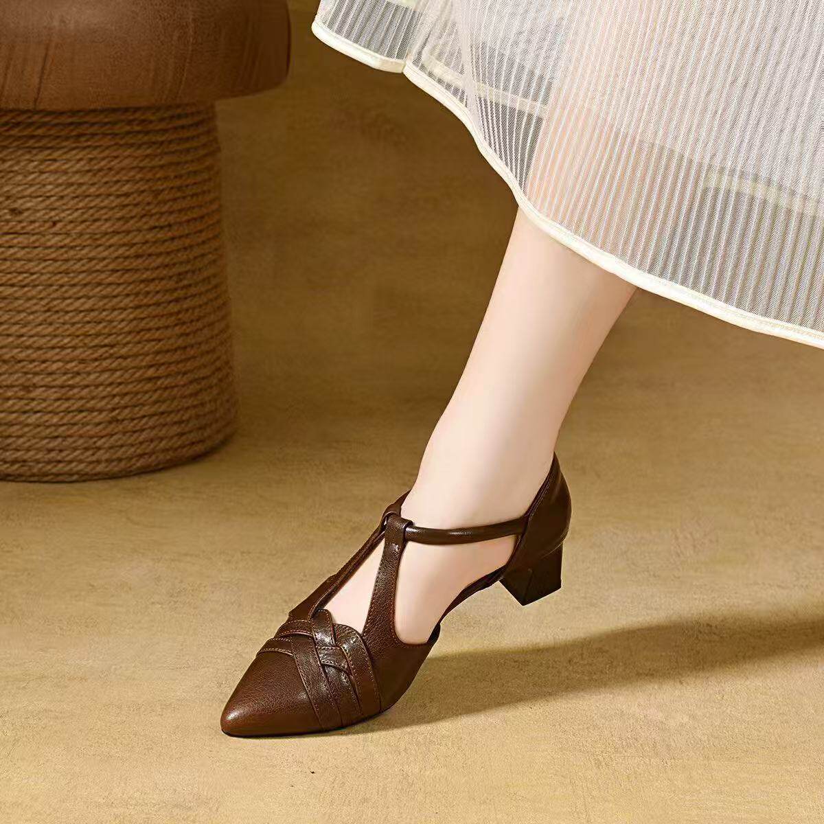 Sandal nữ da thật mũi nhọn gót vuông ổn định, đế mềm thoáng khí — màu be chi tiết 6