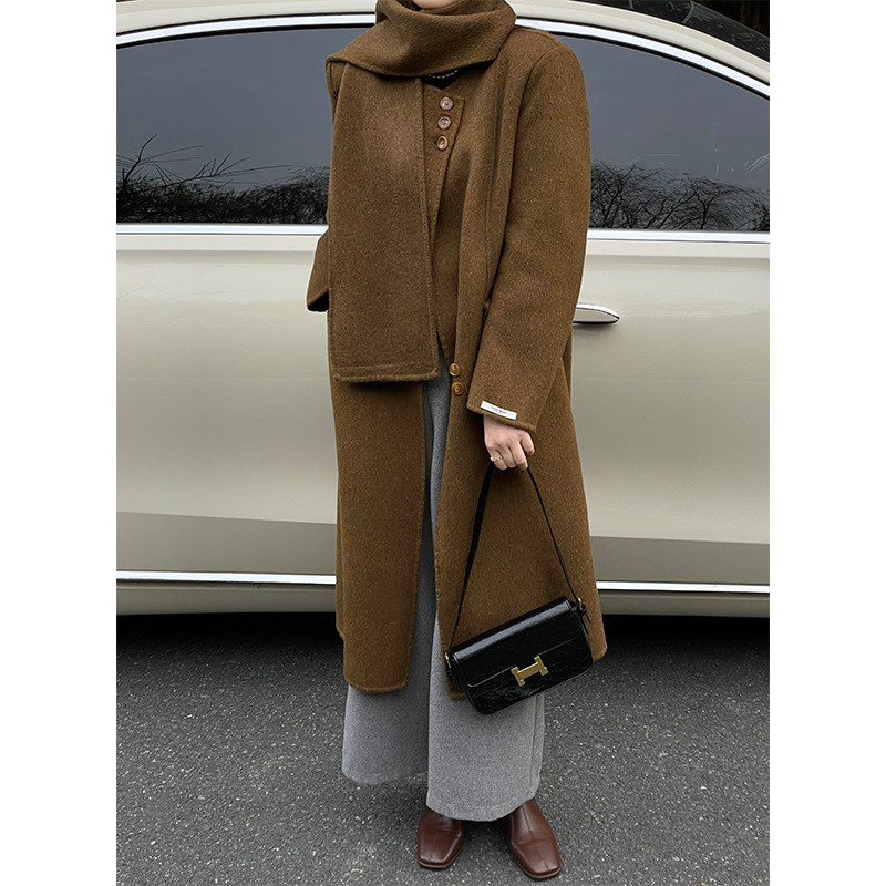 [Year-End Benefits Are Non-Refundable] Double-Sided Cashmere Coat for Women, Korean Style Padded Shoulder Woolen Jacket with Scarf 3505
