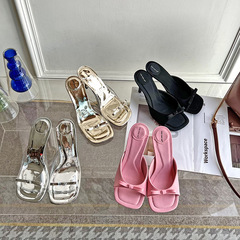 Y006-1~2024年夏季新款簡約氣質蝴蝶結方頭露趾高跟涼拖鞋女外穿